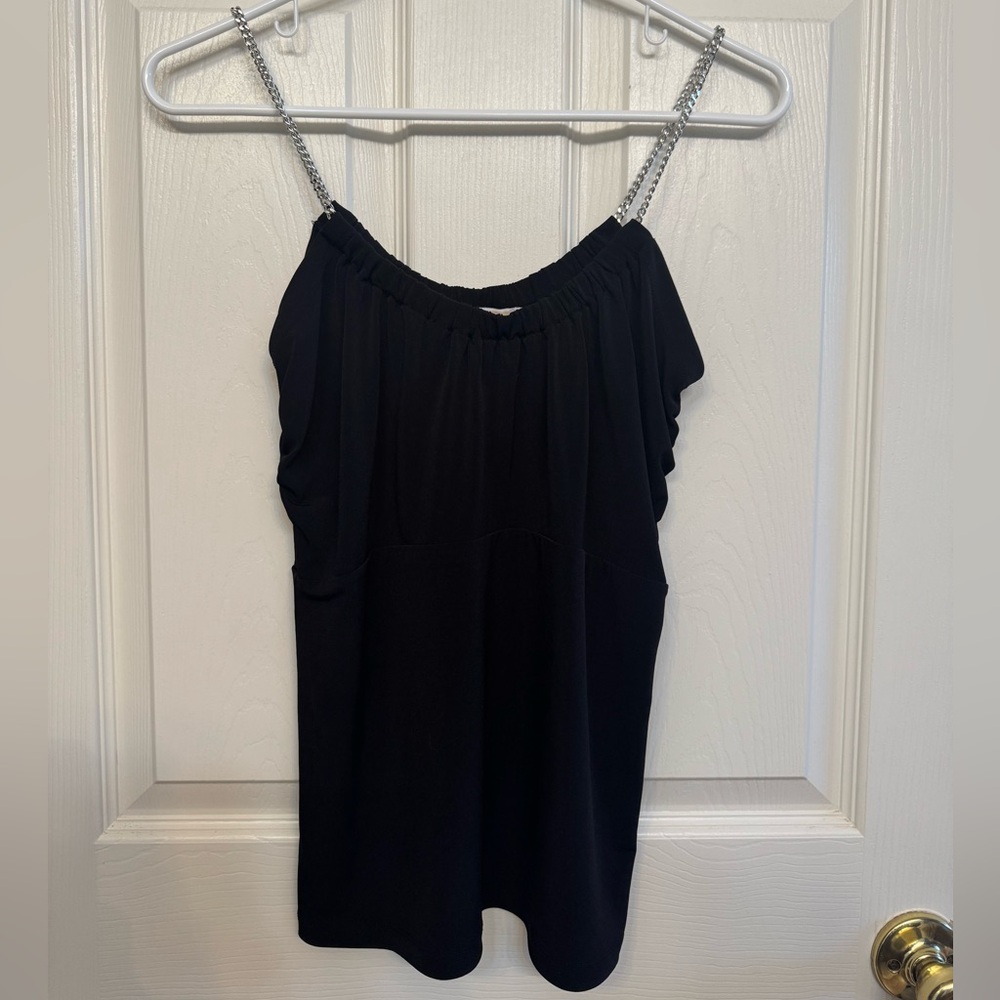Michael Kors Black Chain Strap Tank Blouse | Ruched Neckline | Size S